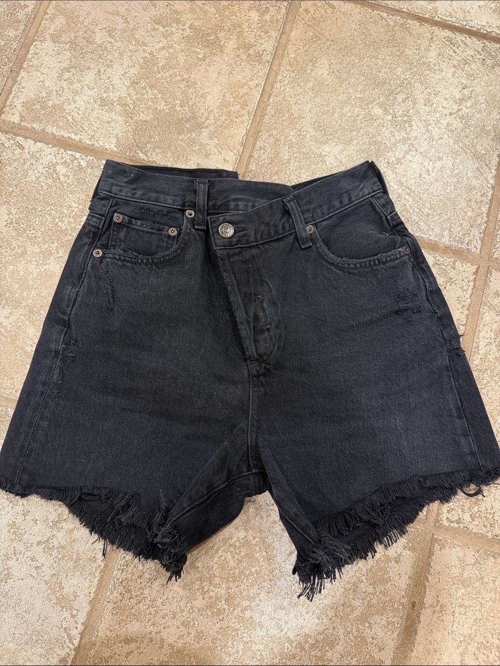 Agolde Black Frayed Hem Denim Shorts